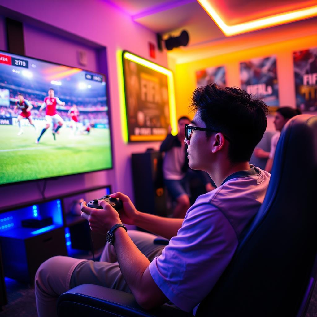 A person intensely playing FIFA video game on a large screen, with vivid colors illuminating the room