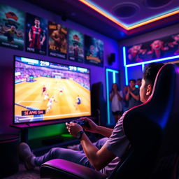 A person intensely playing FIFA video game on a large screen, with vivid colors illuminating the room