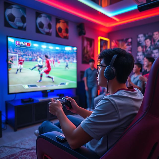 A person intensely playing FIFA video game on a large screen, with vivid colors illuminating the room