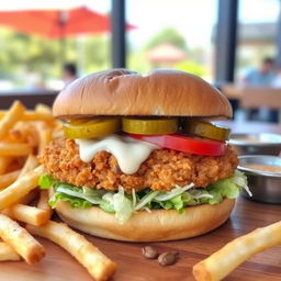 A delicious crispy chicken burger with a golden-brown, crunchy chicken fillet, freshly shredded lettuce, ripe tomato slices, and creamy mayonnaise, served in a warm toasted bun
