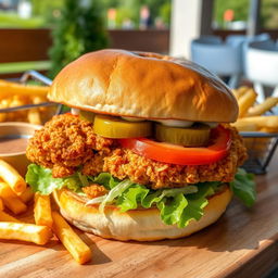 A delicious crispy chicken burger with a golden-brown, crunchy chicken fillet, freshly shredded lettuce, ripe tomato slices, and creamy mayonnaise, served in a warm toasted bun
