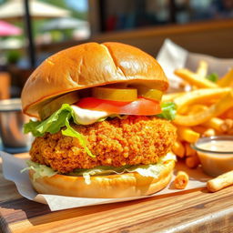 A delicious crispy chicken burger with a golden-brown, crunchy chicken fillet, freshly shredded lettuce, ripe tomato slices, and creamy mayonnaise, served in a warm toasted bun