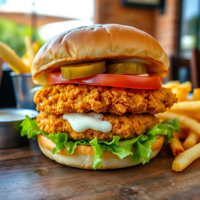 A delicious crispy chicken burger with a golden-brown, crunchy chicken fillet, freshly shredded lettuce, ripe tomato slices, and creamy mayonnaise, served in a warm toasted bun