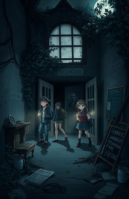 A mysterious scene depicting four friends - Arka, Damar, Zidan, and Clara - exploring an old, abandoned school known as the Forbidden School at night