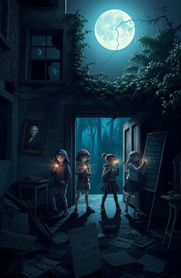 A mysterious scene depicting four friends - Arka, Damar, Zidan, and Clara - exploring an old, abandoned school known as the Forbidden School at night