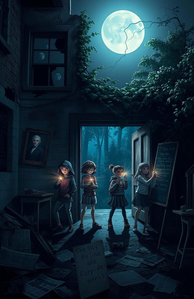 A mysterious scene depicting four friends - Arka, Damar, Zidan, and Clara - exploring an old, abandoned school known as the Forbidden School at night