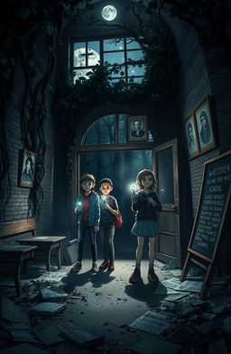 A mysterious scene depicting four friends - Arka, Damar, Zidan, and Clara - exploring an old, abandoned school known as the Forbidden School at night