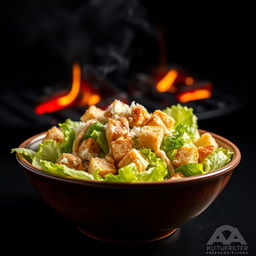 A hyper-realistic image of a Caesar salad in a bowl, presented with a visually appealing arrangement of fresh romaine lettuce, crunchy croutons, and grated Parmesan cheese