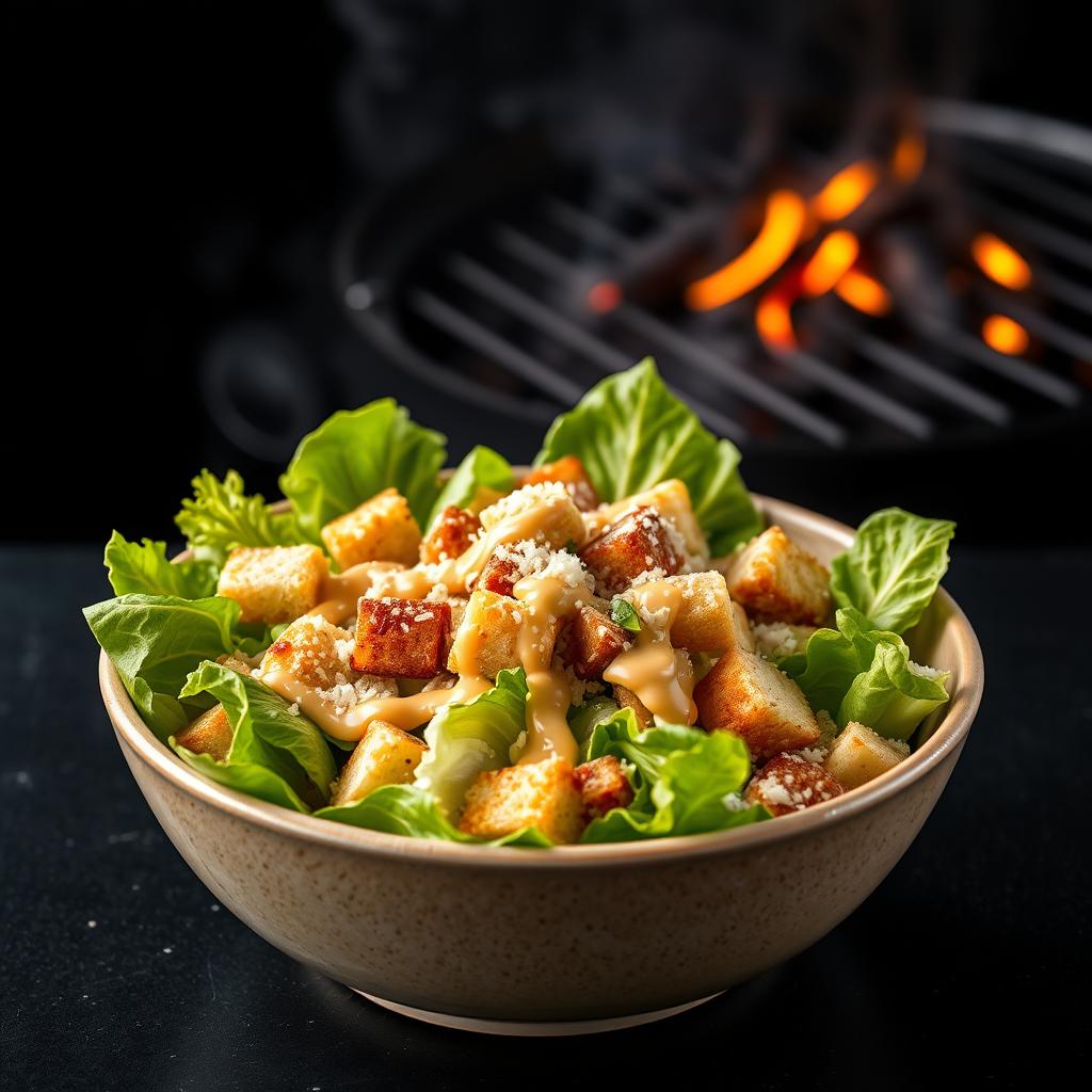 A hyper-realistic image of a Caesar salad in a bowl, presented with a visually appealing arrangement of fresh romaine lettuce, crunchy croutons, and grated Parmesan cheese