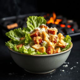 A hyper-realistic image of a Caesar salad in a bowl, presented with a visually appealing arrangement of fresh romaine lettuce, crunchy croutons, and grated Parmesan cheese