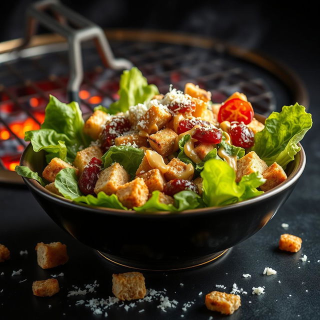 A hyper-realistic image of a Caesar salad in a bowl, presented with a visually appealing arrangement of fresh romaine lettuce, crunchy croutons, and grated Parmesan cheese