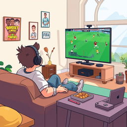 A cartoon-style illustration of a person energetically playing FIFA video game on a large screen