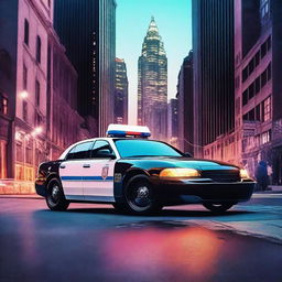 A premium quality digital art image featuring a sleek, modern police car