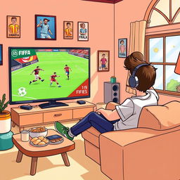 A cartoon-style illustration of a person energetically playing FIFA video game on a large screen