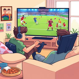 A cartoon-style illustration of a person energetically playing FIFA video game on a large screen