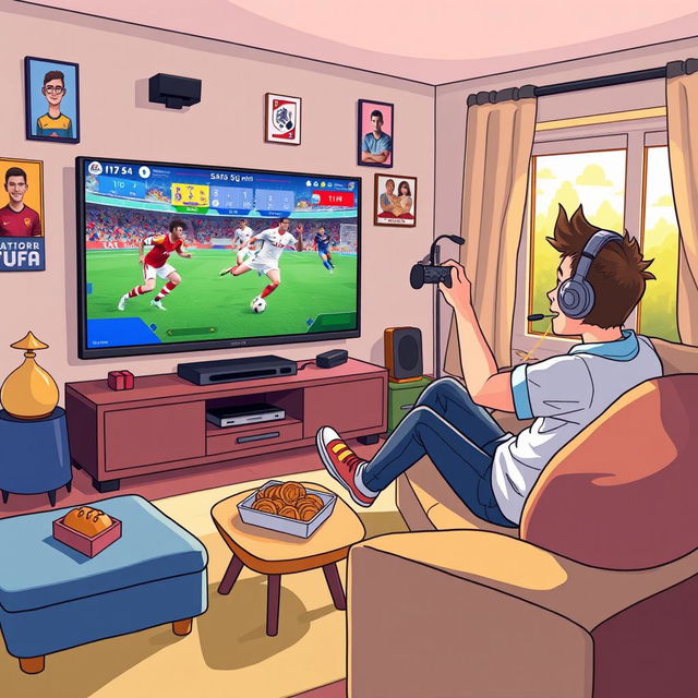 A cartoon-style illustration of a person energetically playing FIFA video game on a large screen