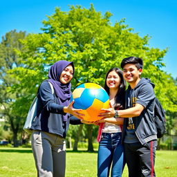 A vibrant scene depicting two teenage couples joyfully holding a colorful ball in a sunny park setting