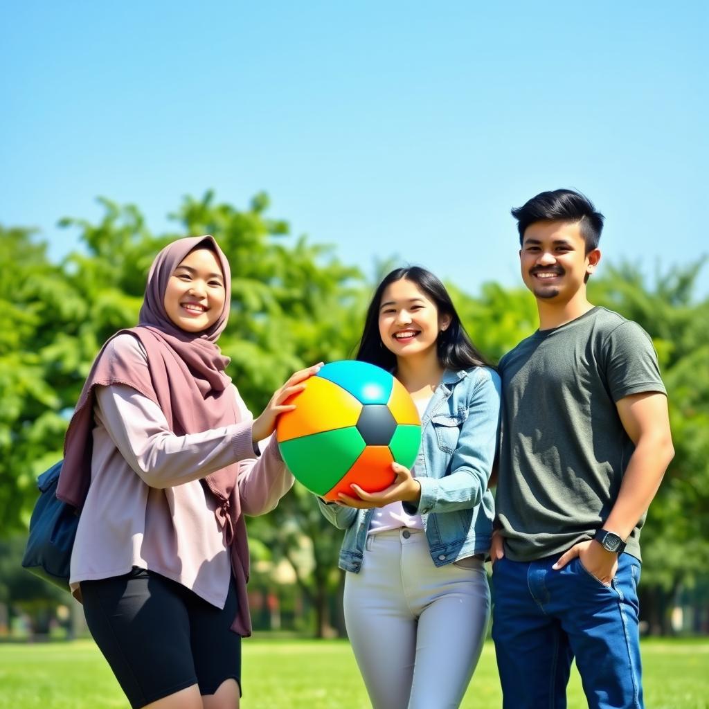 A vibrant scene depicting two teenage couples joyfully holding a colorful ball in a sunny park setting