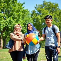 A vibrant scene depicting two teenage couples joyfully holding a colorful ball in a sunny park setting