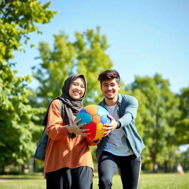 A vibrant scene depicting two teenage couples joyfully holding a colorful ball in a sunny park setting