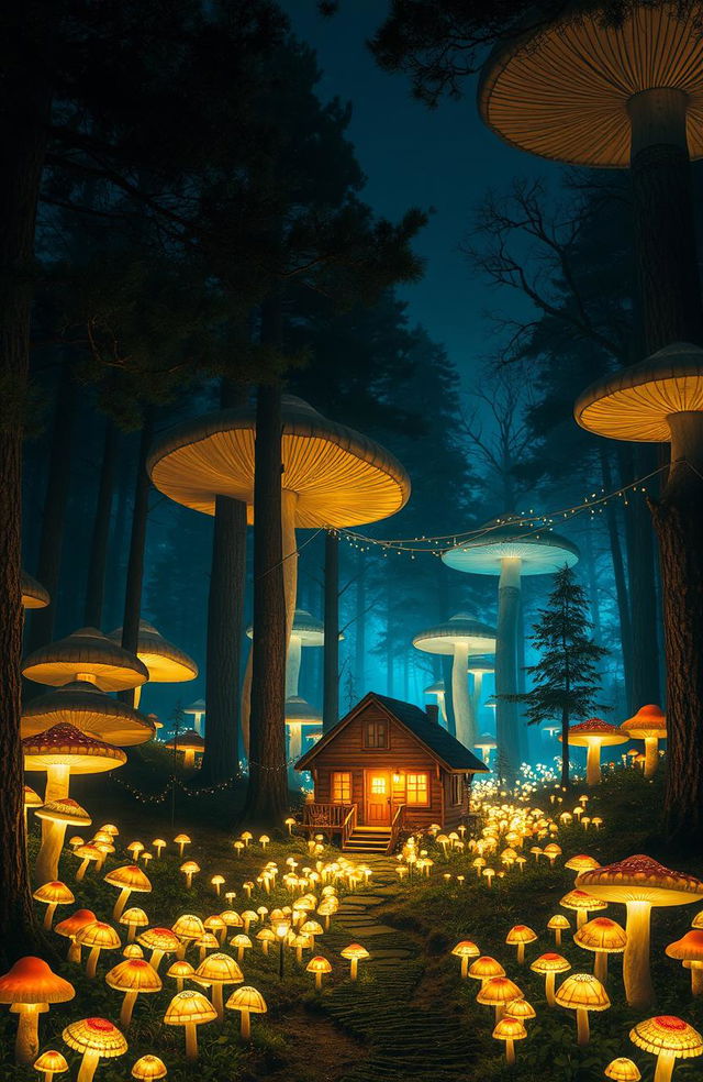 A enchanting nighttime scene featuring a quaint cabin in the woods, surrounded by an extraordinary landscape where the trees gradually transform into enormous, vibrant mushrooms