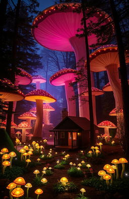 A enchanting nighttime scene featuring a quaint cabin in the woods, surrounded by an extraordinary landscape where the trees gradually transform into enormous, vibrant mushrooms