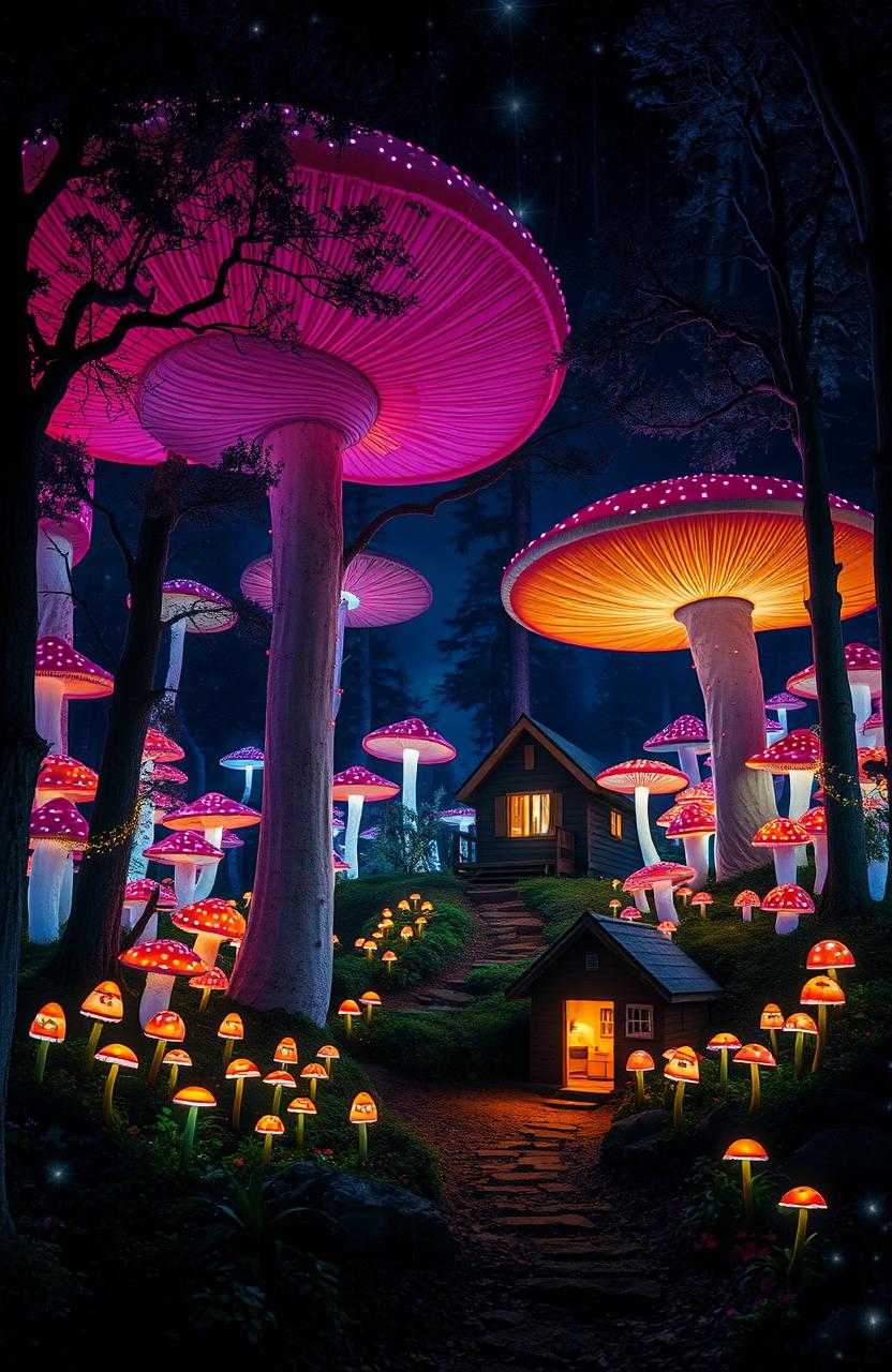 A enchanting nighttime scene featuring a quaint cabin in the woods, surrounded by an extraordinary landscape where the trees gradually transform into enormous, vibrant mushrooms