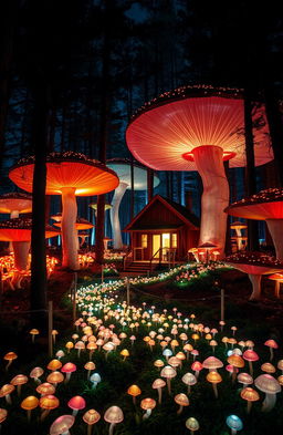 A enchanting nighttime scene featuring a quaint cabin in the woods, surrounded by an extraordinary landscape where the trees gradually transform into enormous, vibrant mushrooms