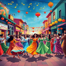 A vibrant, colorful musical scene inspired by the lyrics 'bandy jit vi jandy ny', depicting a lively street festival filled with people dancing joyfully