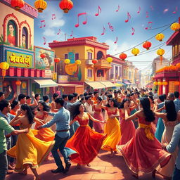 A vibrant, colorful musical scene inspired by the lyrics 'bandy jit vi jandy ny', depicting a lively street festival filled with people dancing joyfully