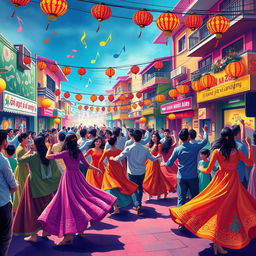 A vibrant, colorful musical scene inspired by the lyrics 'bandy jit vi jandy ny', depicting a lively street festival filled with people dancing joyfully