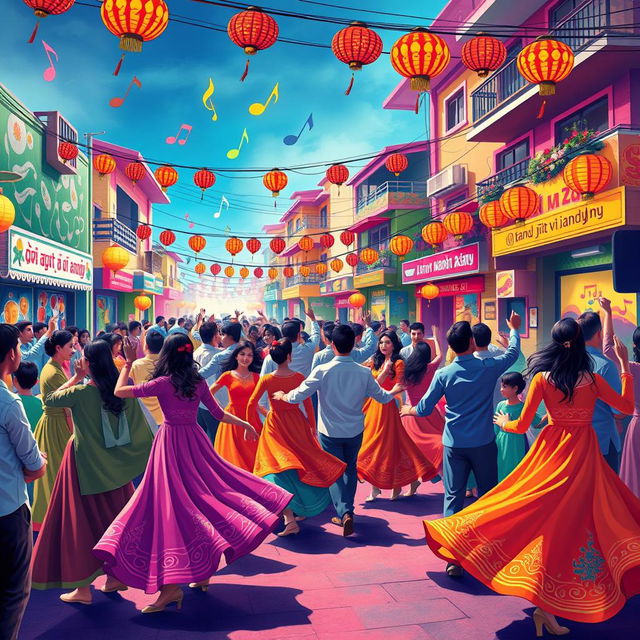 A vibrant, colorful musical scene inspired by the lyrics 'bandy jit vi jandy ny', depicting a lively street festival filled with people dancing joyfully