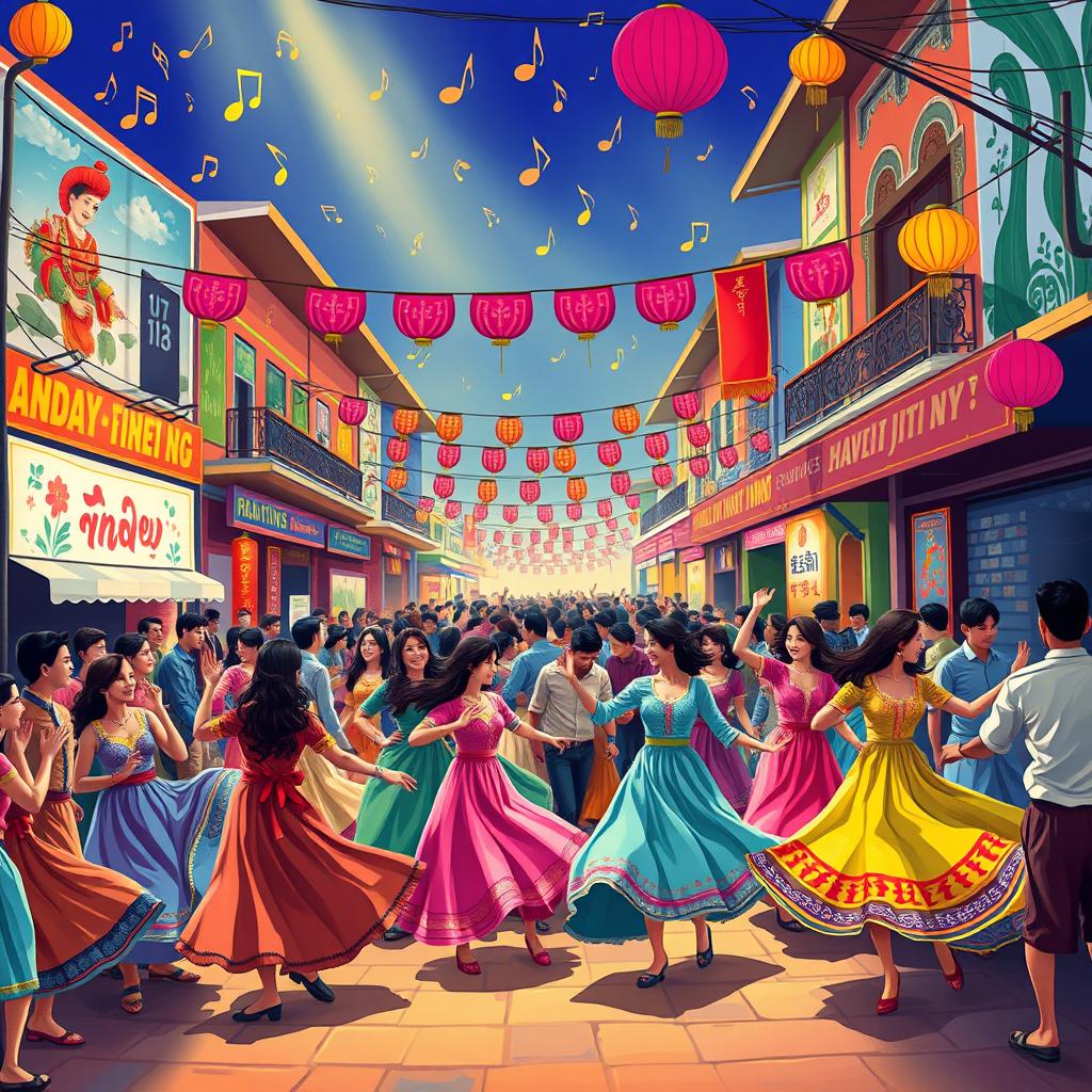 A vibrant, colorful musical scene inspired by the lyrics 'bandy jit vi jandy ny', depicting a lively street festival filled with people dancing joyfully