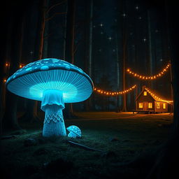 A retro-themed nighttime scene featuring a quaint cabin in the distance, softened and not the main focal point
