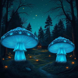 A retro-themed nighttime scene featuring a quaint cabin in the distance, softened and not the main focal point