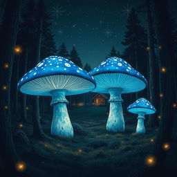 A retro-themed nighttime scene featuring a quaint cabin in the distance, softened and not the main focal point