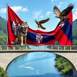 A majestic wolf and a soaring falcon proudly carry the Serbian flag, perched on a beautiful bridge that arches gracefully over the serene waters of the Drina River
