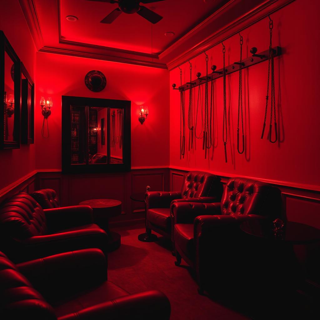 A dimly lit red sex room featuring luxurious leather chairs, stylish whips displayed artfully, and chains tastefully hanging on the walls