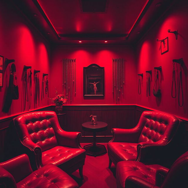 A dimly lit red sex room featuring luxurious leather chairs, stylish whips displayed artfully, and chains tastefully hanging on the walls