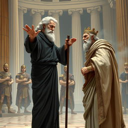 Tiresias, the blind old seer, stands before Oedipus in the palace