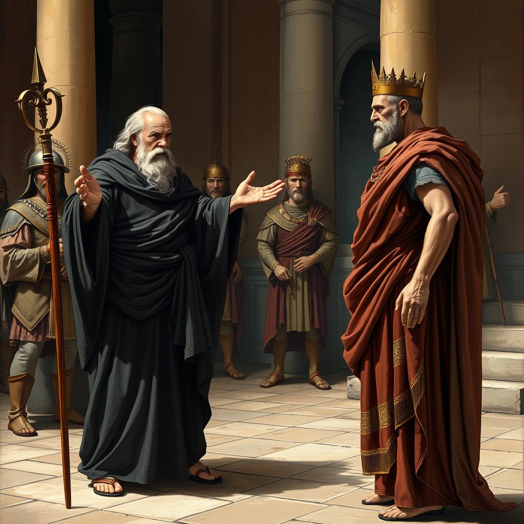 Tiresias, the blind old seer, stands before Oedipus in the palace