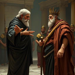 Tiresias, the blind old seer, stands before Oedipus in the palace