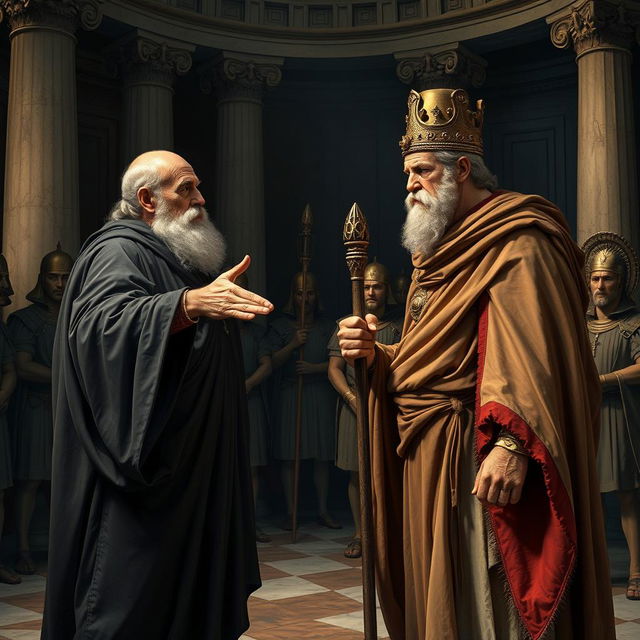 Tiresias, the blind old seer, stands before Oedipus in the palace