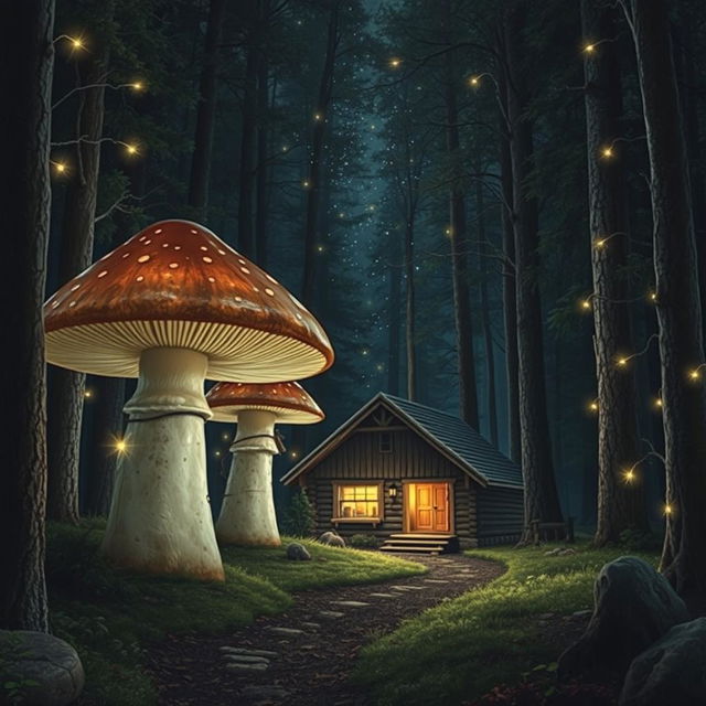 A captivating nighttime scene featuring a cozy cabin nestled in the woods, surrounded by three realistic giant mushrooms arranged in ascending height order