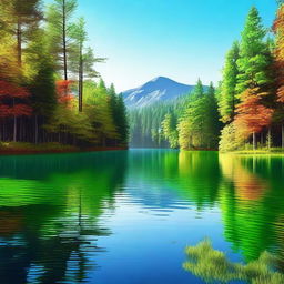 A serene digital art image showcasing a tranquil lake nestled within the heart of a lush forest