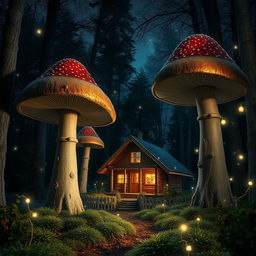 A captivating nighttime scene featuring a cozy cabin nestled in the woods, surrounded by three realistic giant mushrooms arranged in ascending height order