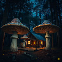 A captivating nighttime scene featuring a cozy cabin nestled in the woods, surrounded by three realistic giant mushrooms arranged in ascending height order