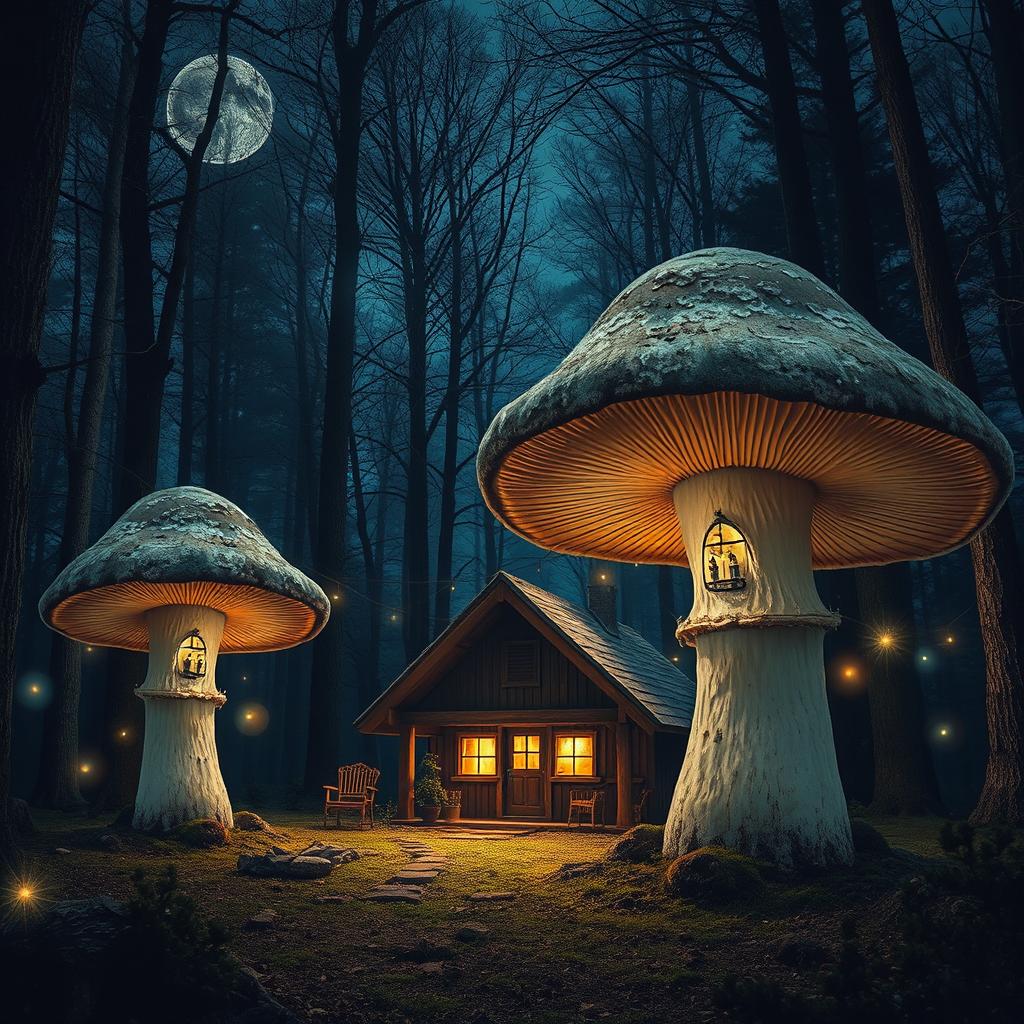 A captivating nighttime scene featuring a cozy cabin nestled in the woods, surrounded by three realistic giant mushrooms arranged in ascending height order