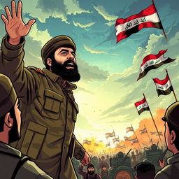 An illustrated scene depicting the charismatic Iraqi leader Muqtada al-Sadr, in military attire, passionately rallying his supporters during a conflict