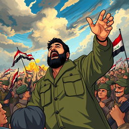 An illustrated scene depicting the charismatic Iraqi leader Muqtada al-Sadr, in military attire, passionately rallying his supporters during a conflict